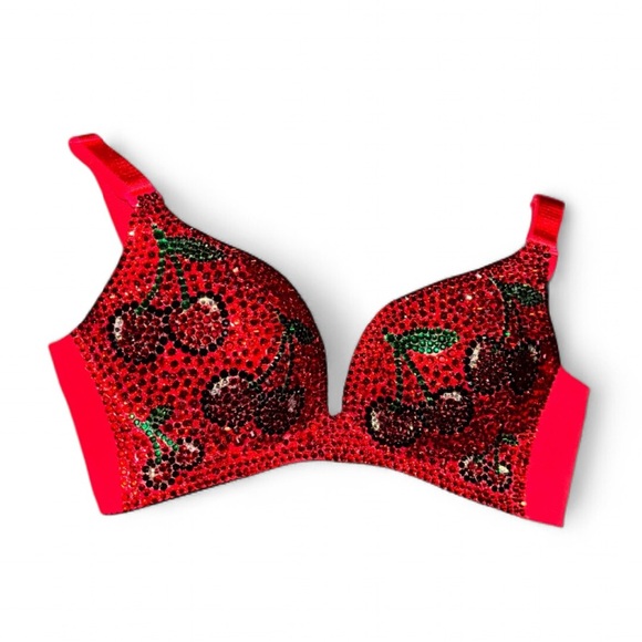 Cherry Theme Crystal Rhinestone Sparkly Classic Red Glam Bling Wireless Bra Top - Picture 5 of 15